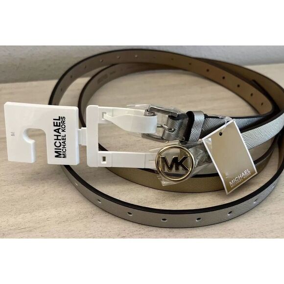 MICHAEL KORS BELT SET (2) METALLIC GOLD & Silver SKINNY MK LOGO Round BUCKLE - Picture 5 of 10